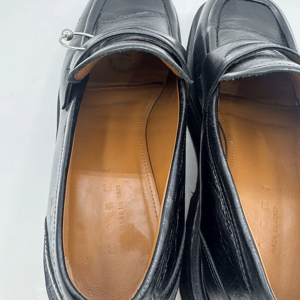 Marni O-Ring Penny Loafers Platform Black Shiny Leather Sz EU Sz 39.5 Italy